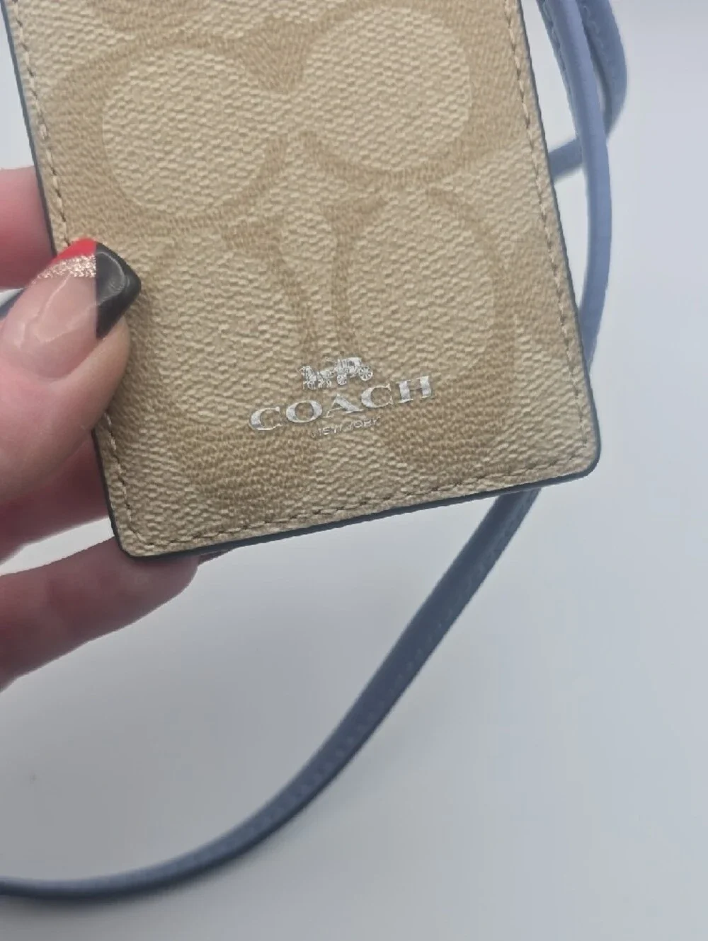 Coach Beige Signature Mono ID/Card Holder Lanyard Light Blue Trim/Strap (EUC)💙